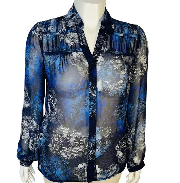 East 5th Blouse Button Up Womens L Semi Sheer Black Blue Abstract Long Sleeve - Picture 2 of 13